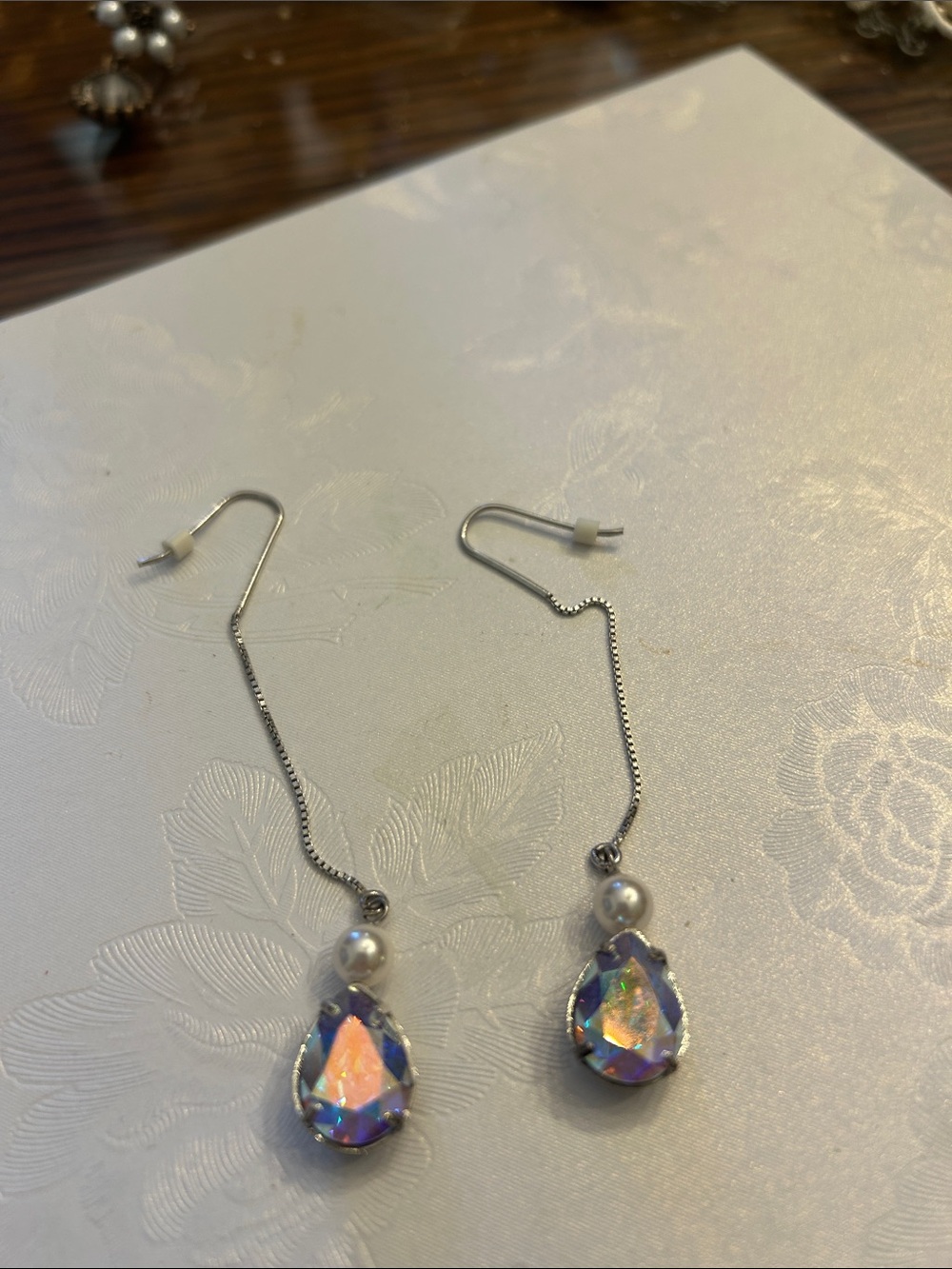 Silver Pearl and Iridescent Teardrop Dangle Earrings